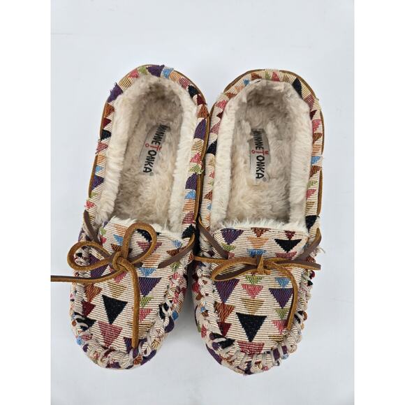 Minnetonka Lodge Trapper Faux Fur Lined Kaleidoscope Print Slippers 44341 Sz 7 - Picture 9 of 10
